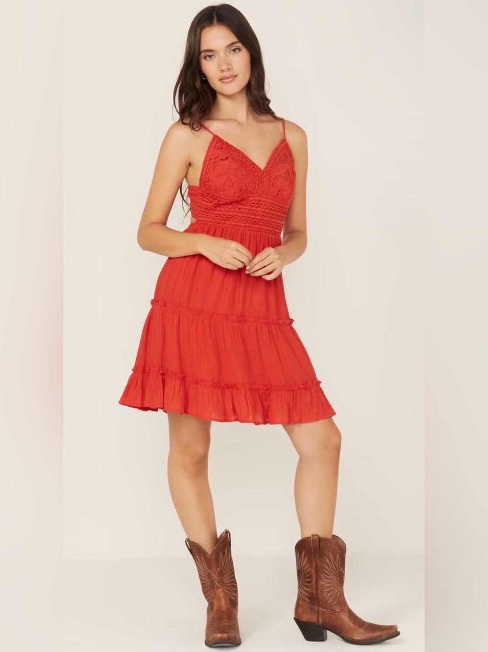 Shyanne Rust Red Spaghetti-Strap Sundress with Crochet Bodice Sz Small